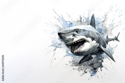 Watercolor painting of angry shark on white background. Undersea animals. Illustration, Generative AI.