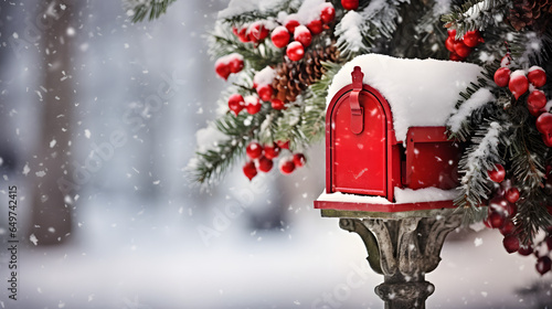 Classic traditional red mailbox adorned with christmas decoration and snow in a snowy village