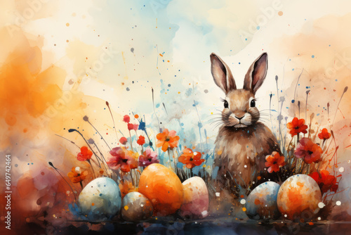 easter bunny with easter eggs easter background illustration, painting