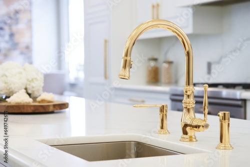 Fragment of a modern classic luxury kitchen with window on the background. White marble countertop with built-in sink  curved gold faucet. Close-up. Contemporary interior design. 3D rendering.