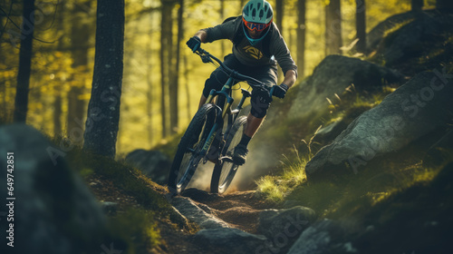 Mountain biker riding through rocks in a forest, with sunlight shining through the trees.