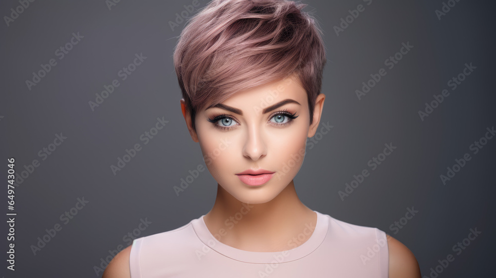 Picture portrait of young beautiful woman with short haircut styling Picture portrait of young beautiful woman with short haircut styling