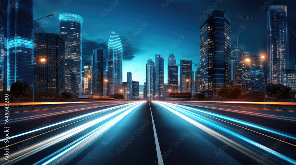 Highway leading to illuminated city skyline at night with light trails. Highway leading to illuminated city skyline at night with light trails.