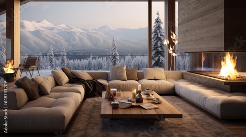 Interior of a mountain cabin in a winter landscape © Krtola 