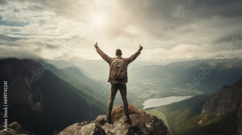 Man celebrating on mountain peak at sunset with arms raised  overlooking snow-capped mountains and valley.