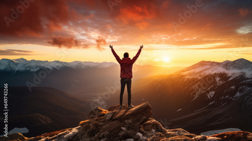 Man celebrating on mountain peak at sunset with arms raised, overlooking snow-capped mountains and valley.