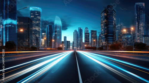 Highway leading to illuminated city skyline at night with light trails. © Vahid