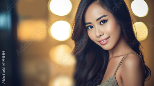 attractive slim Asian or Indonesian or South American woman, long dark hair, grinning or smiling