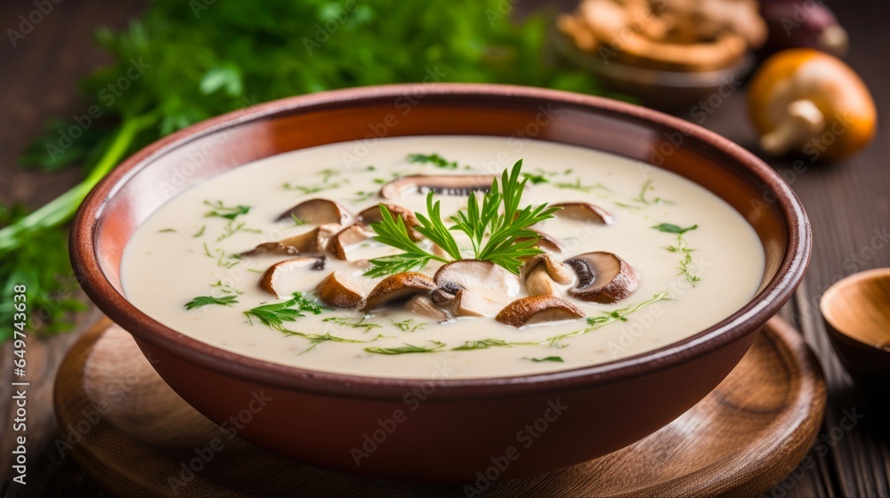 Cream of Mushroom Soup Served Fresh in a Bowl - Delicious Vegetarian Lunch and Meal Idea to Satisfy Your Food Cravings