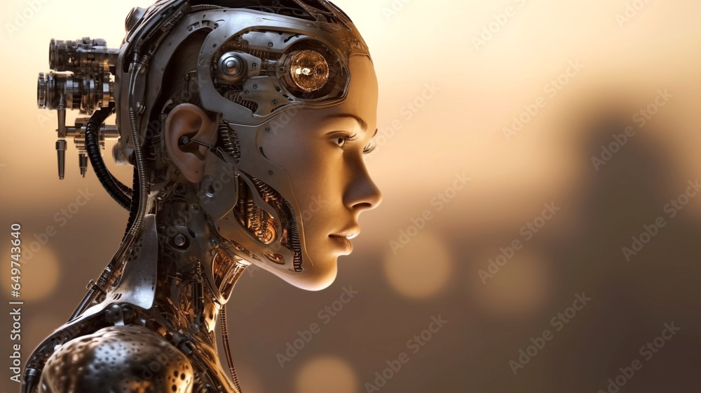 a robot with a human-like shape and appearance, machine as half human, woman, metal skeleton a robot with a human-like shape and appearance, machine as half human, woman, metal skeleton