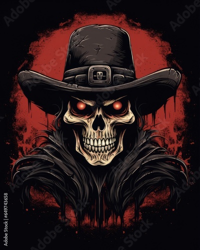 Distressed Outlaws Team Design with Skull and Cowboy Hat for School, College or League - Western Skeleton Robber in Bandana Hat