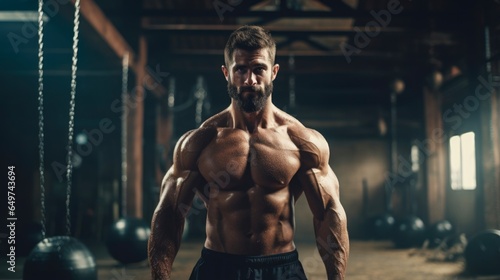 Hardcore Man Workout. Muscular Athlete Training for Strength at the Gym