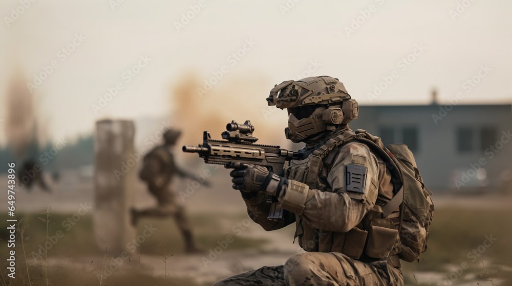 A soldier with combat uniform, helmet and visor, machine gun, special forces or modern soldier