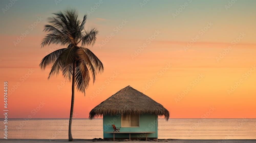  a hut on the beach with a palm tree in the foreground.  generative ai