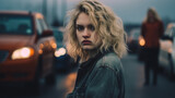 critical look and annoyed facial expression, young adult woman or teenager girl, 20s blonde curly hair