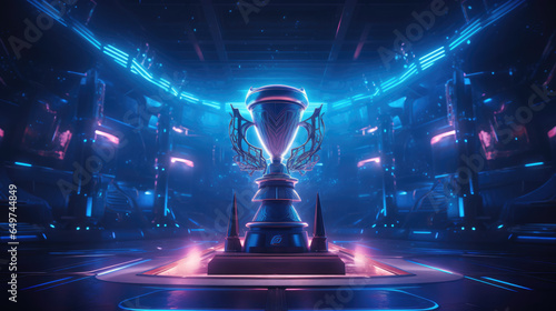 Sports trophy on stage with neon lights and futuristic design.