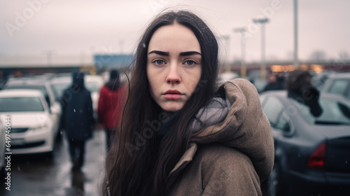 adult woman, caucasian, long dark hair, winter jacket, in a parking lot in front of a shopping center