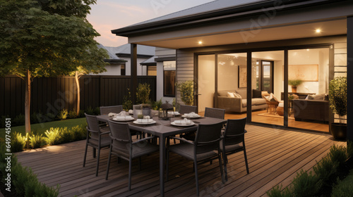 The new home features a deck and lawn that are perfect for outdoor entertaining.