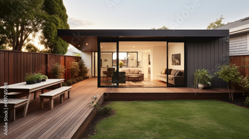 The renovation of a modern home extension includes the addition of a deck, patio, and courtyard area. photo