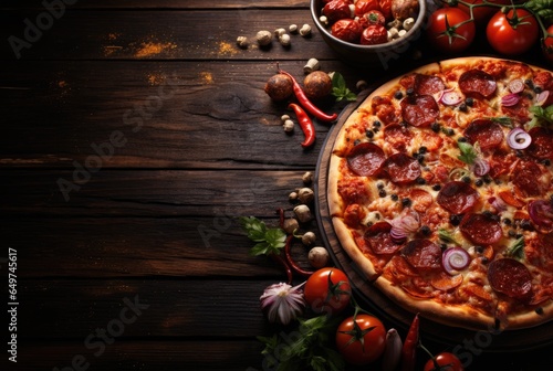 A pizza sitting on top of a wooden table. Imaginary food photo.