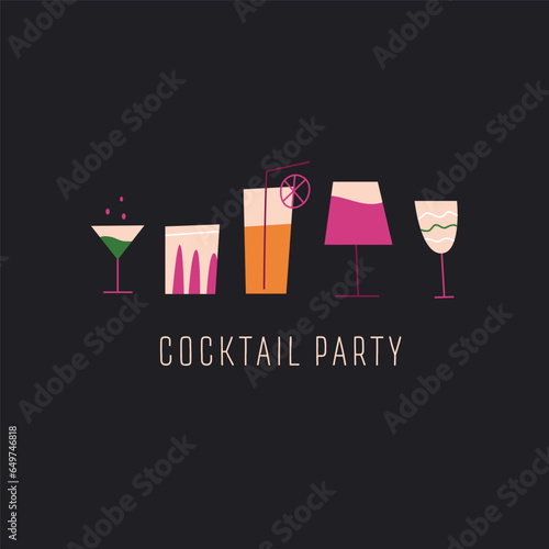 Vector cocktail party invitation card with cocktail glasses. Modern design with dark background.