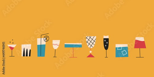 Flat style horizontal banner with colorful cocktail glasses and alcoholic drinks on  yellow background.