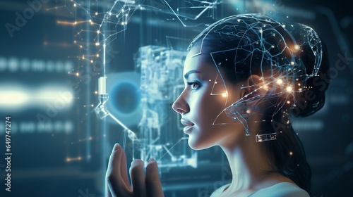 In this image, a woman is using a neural interface device for computing, highlighting advancements in biotechnology and the onset of the singularity, the future of brain-computer interaction