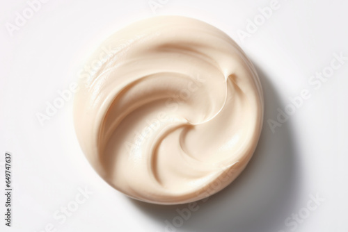 Round White Beige Texture of Cosmetic Face Cream Smear. Swatch smudge concealer, smear hand cream, hair mask. Light beige white liquid, highlighter, BB, CC cream makeup texture of liquid. photo