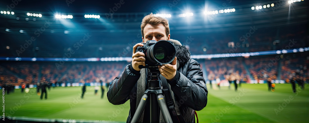 Press sport photographer with professional camera on football stadium.