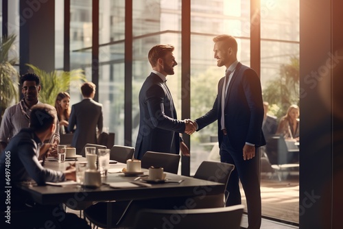 Image of a successful creative business team looking at the camera and smiling. Various business people stand together, holding hands when starting a business. AI created.