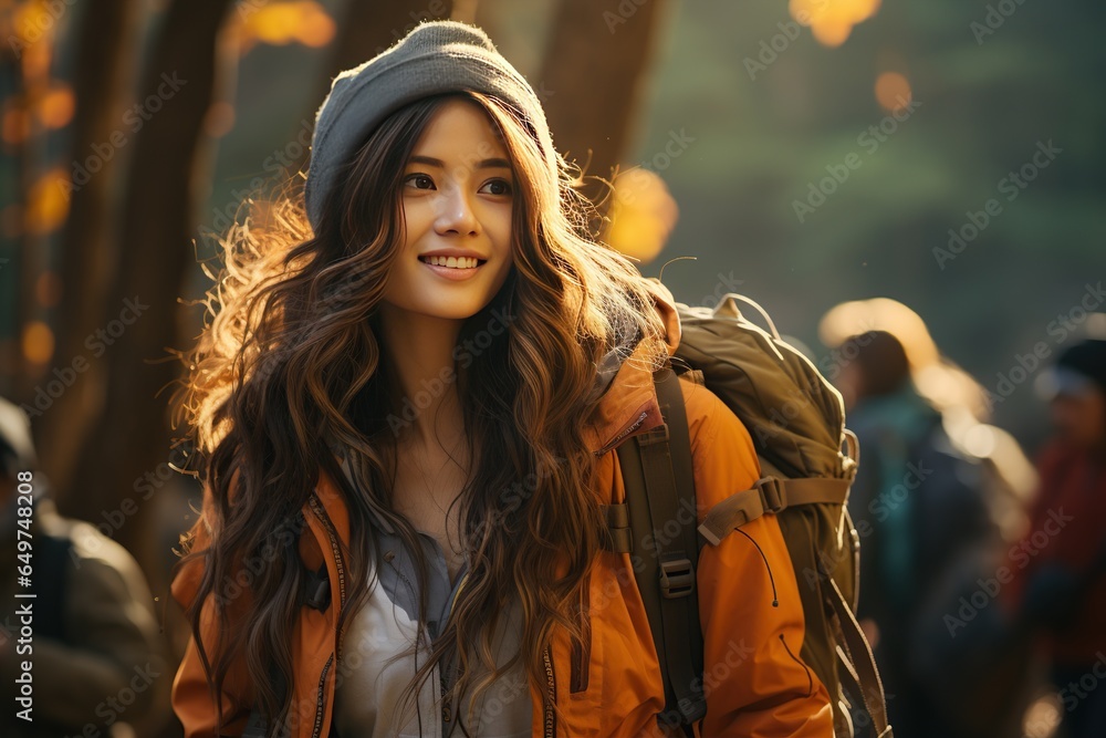 Backpacker in the Wild: A young and beautiful Asian woman, traveling alone in the forest wilderness.Generated with AI Backpacker in the Wild: A young and beautiful Asian woman, traveling alone in the forest wilderness.Generated with AI