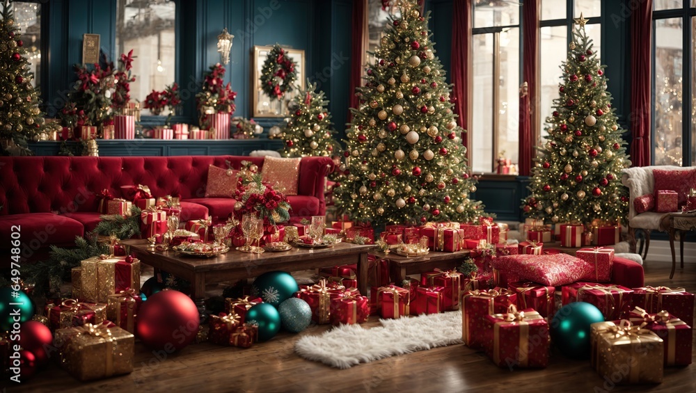 christmas tree with presents in  traditional living  room 