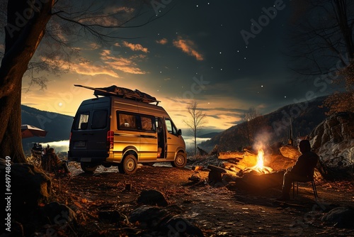 camping van parked in a beautiful natural setting, campfire clear night sky,Generated with AI