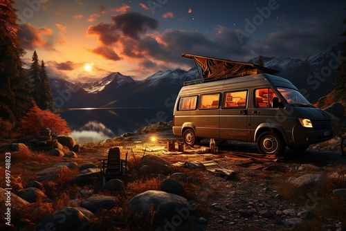 camping van parked in a beautiful natural setting, campfire clear night sky,Generated with AI photo