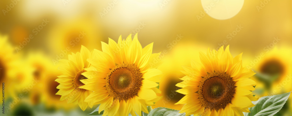 Fototapeta premium Yellow sunflower against sunflowers background.