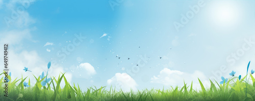 Eco green paper texture landscape. Blue sky and green grass wide banner. copy space for your text.