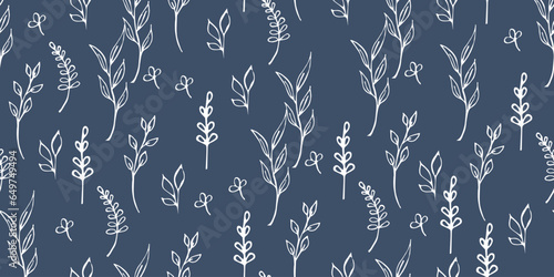 Seamless vector botanical pattern of herbs  flowers and greenery branches on a blue background. Abstract botanical decorative print for decoration and printing on fabric and paper.