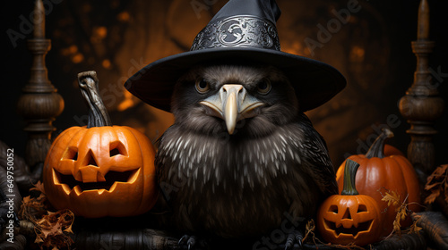 crow bird wearing witch hat with pumpkin on dark background. raven bird in the black witch hat photo