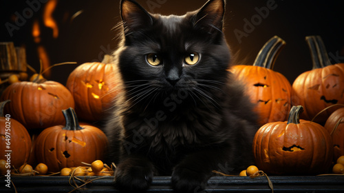 A black cat sitting on top of a pumpkin. Jack pumpkin head and a black cat sitting on top © We3 Animal
