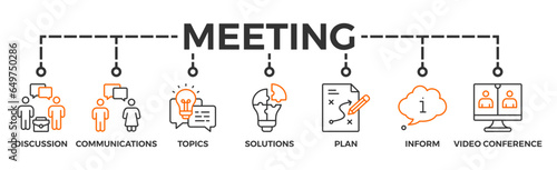Meeting banner web icon business meeting and discussion with communications, topics, solutions, plan, inform and video conference icon