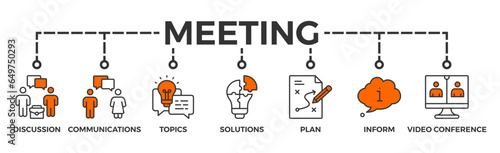 Meeting banner web icon business meeting and discussion with communications, topics, solutions, plan, inform and video conference icon