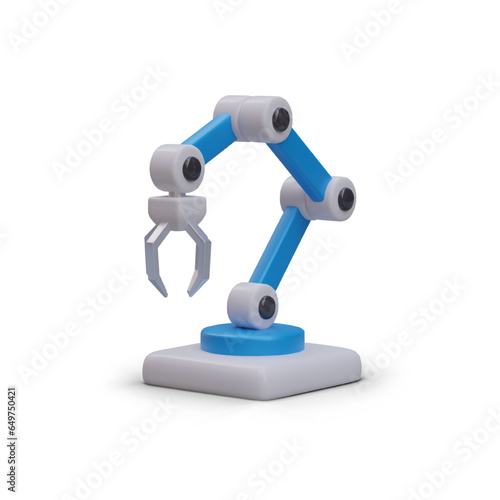 Realistic robotic arm in 3d style. Modern electronic helper. 3d hi-tech concept. Automated robot for modern factory. Vector illustration in blue colors