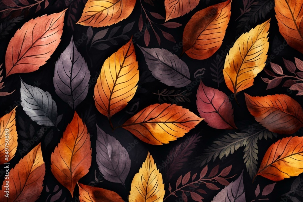 Abstract watercolor leaves pattern with dark fall foliage, repeated ornate print in vibrant autumn colors. Generative AI