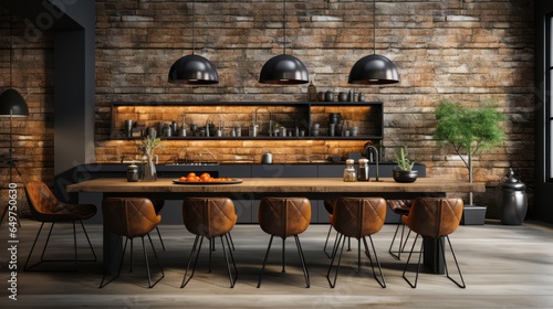 Bright wooden kitchen in industrial style. Rustic kitchen wood industrial theme.