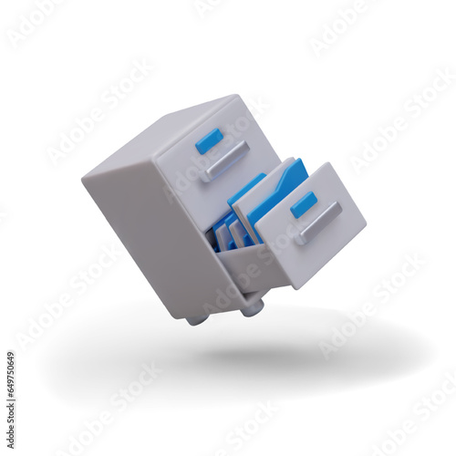 Cabinet for storing folders with information. Open drawer with various documents. Furniture for storing things in office. Vector illustration in blue colors in 3d style
