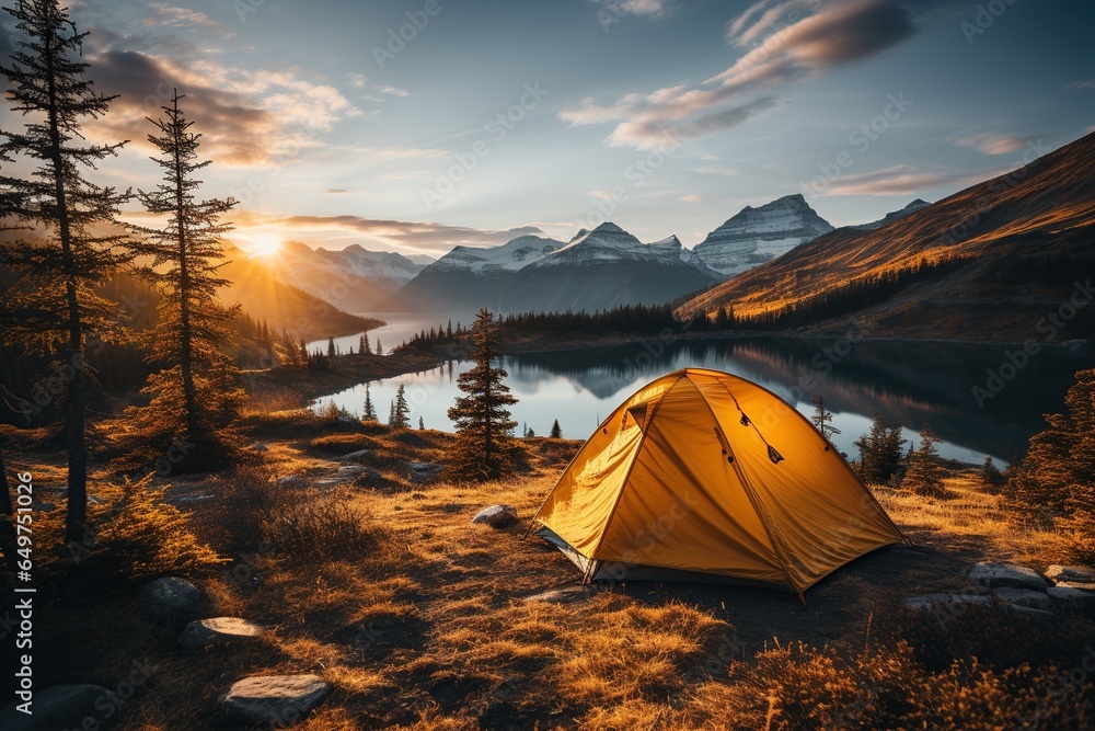 Camping in a yellow tent, holding a cup, with a stunning Lake view,Generated with AI