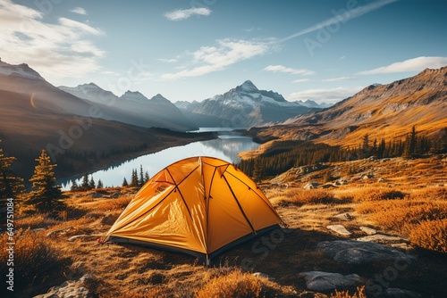 Camping in a yellow tent, holding a cup, with a stunning Lake view,Generated with AI © Chanwit