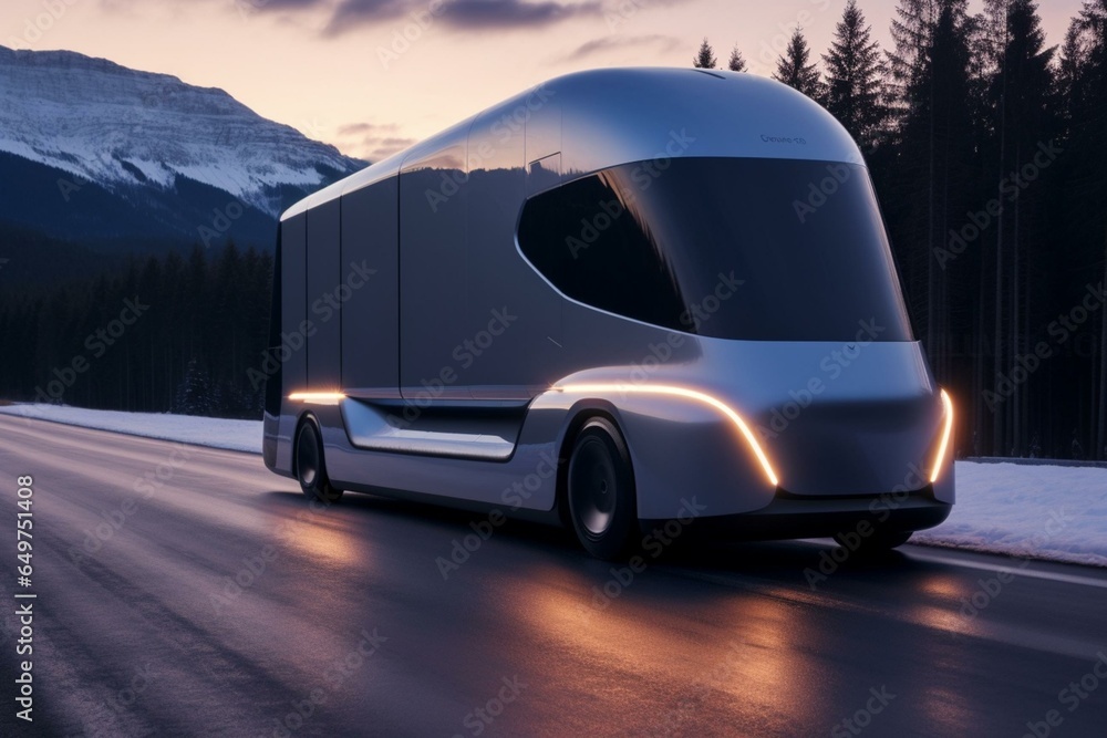 An electric autonomous truck is seen outdoors. Generative AI