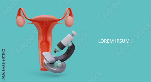 Realistic internal female organs, microscope. Cytology, analyses. Laboratory services. Concept of reproductive women health clinic. Vector medical template