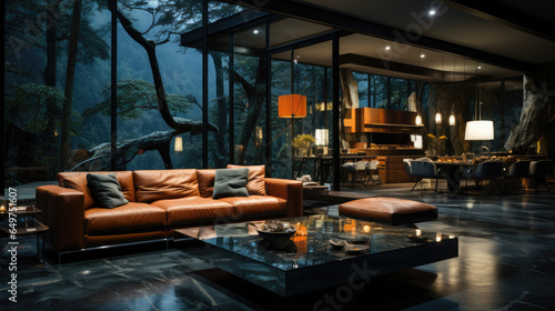 Modern living room with forest view, leather sofa, and marble coffee table.